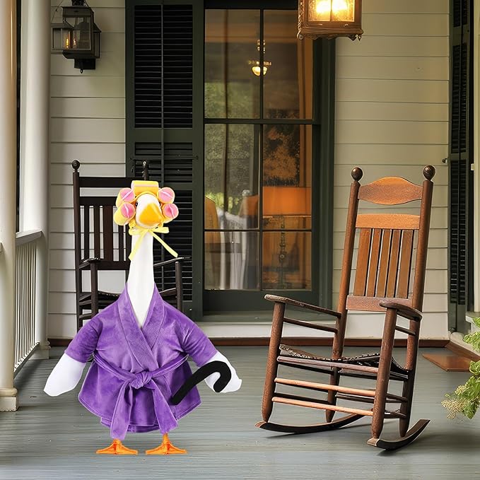 Shyyween Old Lady Porch Goose Outfit 23 Inch Cement Plastic Lawn Goose Statue Clothes Winter Pjs Purple Bathrobe and Curlers Coffee Cup Crutch Set