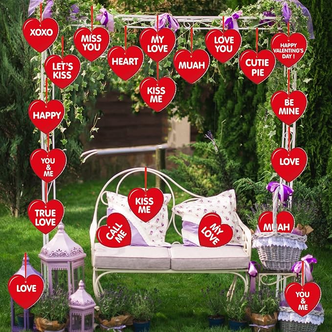 Rtteri 30 Pieces Valentine's Day Outdoor Hanging Heart Ornaments 6 Inch Romantic Conversation Hearts Double-Sided Plastic Lawn Heart Hanging Decor for Valentine Wedding Porch Tree Yard Lawn Decor