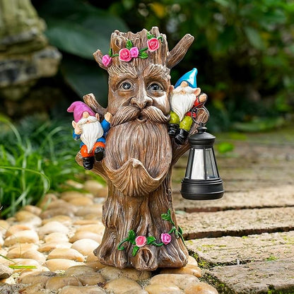 Joint Honglin Whimsical Tree Ent Garden Statue with Gnomes – Solar Powered Outdoor Decor with LED Lantern, Funny Yard Ornament for Lawn, Patio, Porch, or Garden