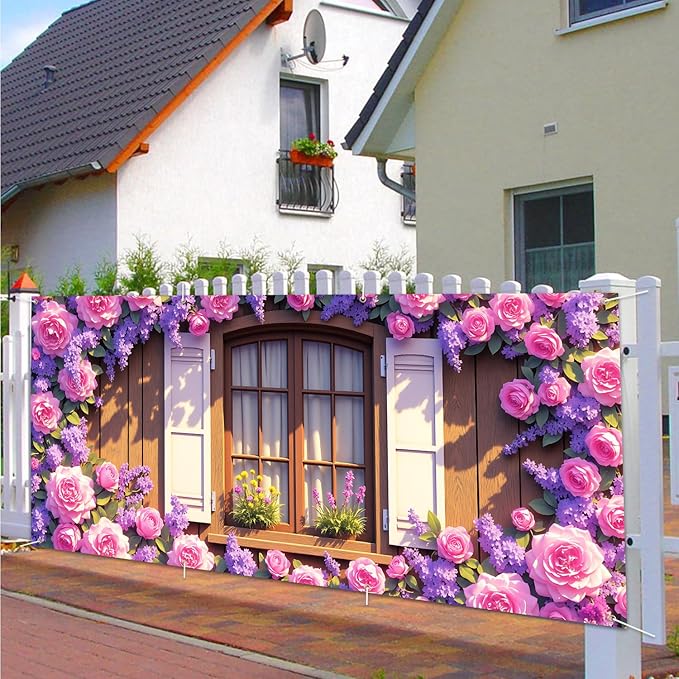 13x6 ft Rose Covered Window Garage Door Banner - Vintage Window with Climbing Flowers Backdrop, Hanging Garage Decor - for Garden Theme Wedding Decor, Romantic Outdoor Wall Sign