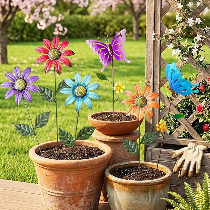 6Pack Metal Flowers for Outside，16.15 Inch Metal Flowers&Colorful Butterfly Decorative Garden Stakes for Spring Decor, Shaking Head Yard Art Garden Decorations for Outdoor Lawn Porch Pathway