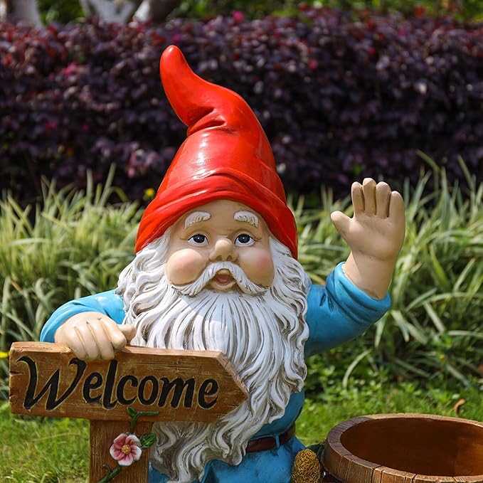 Gnome Garden Statue Planter with Welcome Sign, Waterproof Outdoor Resin Flower Pot, Yard Lawn Patio Decor, Front Porch Ornament Housewarming Gift(Red Hat Gnome)