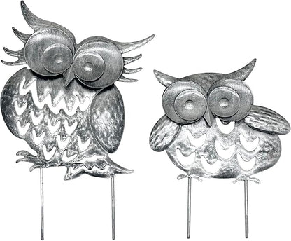 Pack of 2 Metal Owl Garden Statues Silver Silhouette Stakes Decorative Outdoor Animal Sculptures for Yard Decor and Lawn Ornaments