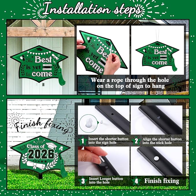 Chunful 12 Pack Graduation Yard Signs Grad Decoration 2026 Happy Graduate Lawn Garden Sign with Stake Congrats Outdoor Plastic Cap Hanging Ornament for Class Pathway Walkway Porch Party(Green)