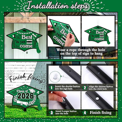 Chunful 12 Pack Graduation Yard Signs Grad Decoration 2026 Happy Graduate Lawn Garden Sign with Stake Congrats Outdoor Plastic Cap Hanging Ornament for Class Pathway Walkway Porch Party(Green)