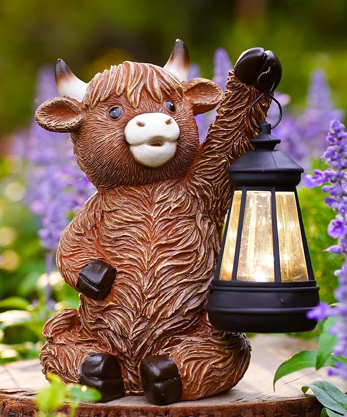 Nacome Highland Cow Statues for Garden Decor: Outdoor Sculptures with Solar Lantern for Clearance Outside Lawn Ornaments Porch Patio Balcony Yard – Birthday Gifts for Women Mom Grandma(Copper)