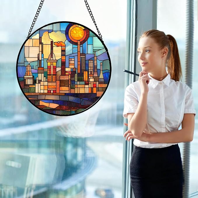 CHATYOUNG Stained Glass Window Hanging Abstract City Sun 6.3" - Colorful Suncatcher Door Garden Home Decor and Christmas Mother's Day Birthday House Warming Gift for Grandma Mom Women Friend