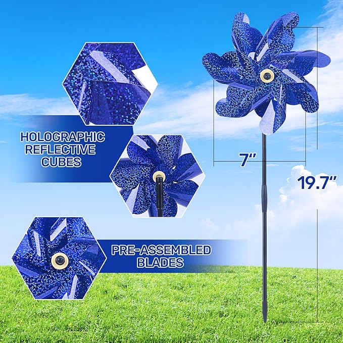 BATTIFE Reflective Pinwheels for Yard and Garden, Pre-Installed Sparkly Blind Birds Pin Wheel, Scare Birds & Animal Away Wind Spinner, 10 Pack (Blue)