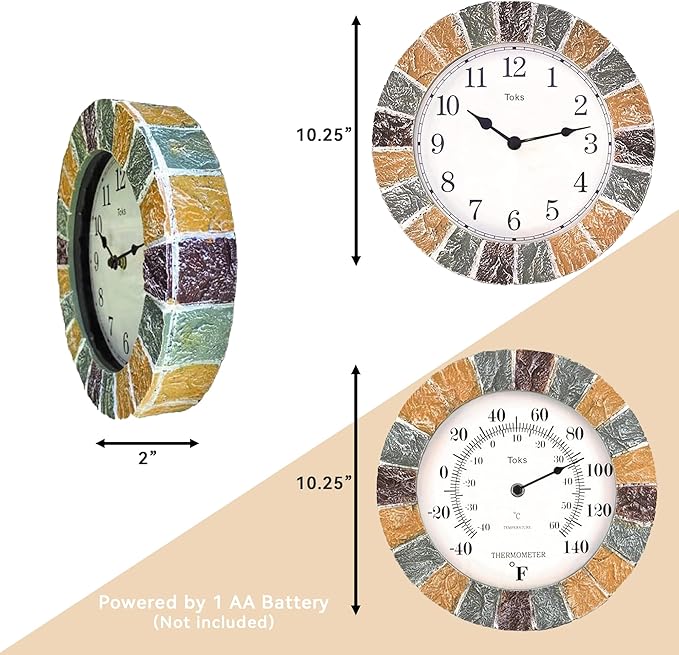 Lily's Home 10 inch Indoor or Outdoor Hanging Wall Clock and Thermometer Set,Stone Frame Battery Operated Quartz Movement, Operated Decor for Family Room, Office, Game Room,Garden, Backyard, Pool