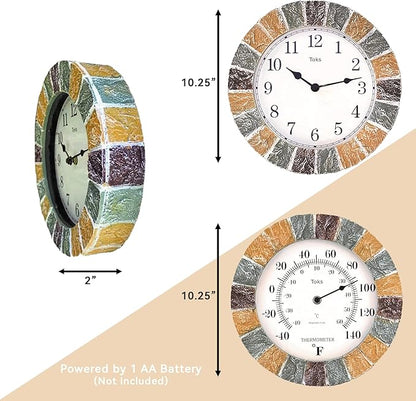 Lily's Home 10 inch Indoor or Outdoor Hanging Wall Clock and Thermometer Set,Stone Frame Battery Operated Quartz Movement, Operated Decor for Family Room, Office, Game Room,Garden, Backyard, Pool