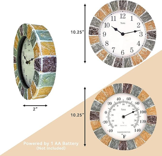 Lily's Home 10 inch Indoor or Outdoor Hanging Wall Clock and Thermometer Set,Stone Frame Battery Operated Quartz Movement, Operated Decor for Family Room, Office, Game Room,Garden, Backyard, Pool