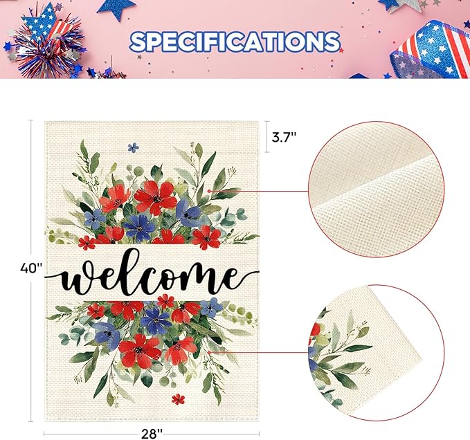 AVOIN colorlife Memorial Day Patriotic 4th of July House Flag 28x40 Inch Double Sided Outside, Welcome Floral Yard Outdoor Decoration