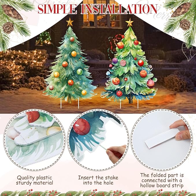 Geelin 2 Pcs Large Christmas Tree Sign Yard with Stake 2.62 ft Vintage Patio Lawn Decoration Outdoor Christmas Party Favor Ornament Garden Sign for Party Supplies(Watercolor Trees)