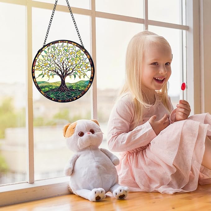 Tree of Life Suncatchers Stained Glass Window Hanging, Tree of Life Decor Sun Catchers Indoor Window Glass Round Wall Decor, Nature Wall Hanging Decorations, 7.9x7.9in