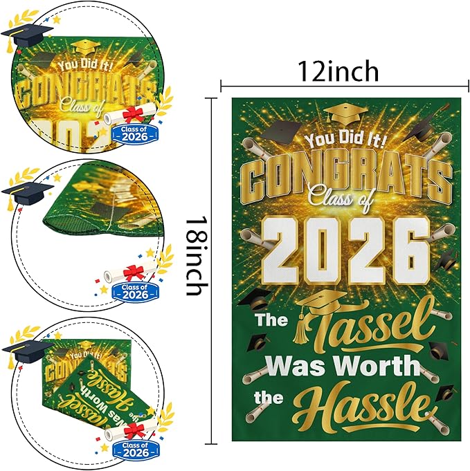 Graduation Decorations 2026 - Class of 2026 Garden Flag | Graduation Decor Party Favors Supplies for Outdoor Indoor Double-Side Backdrop Banner for Garden Porch Patio Lawn Yard Home,12x18Inch(Green)