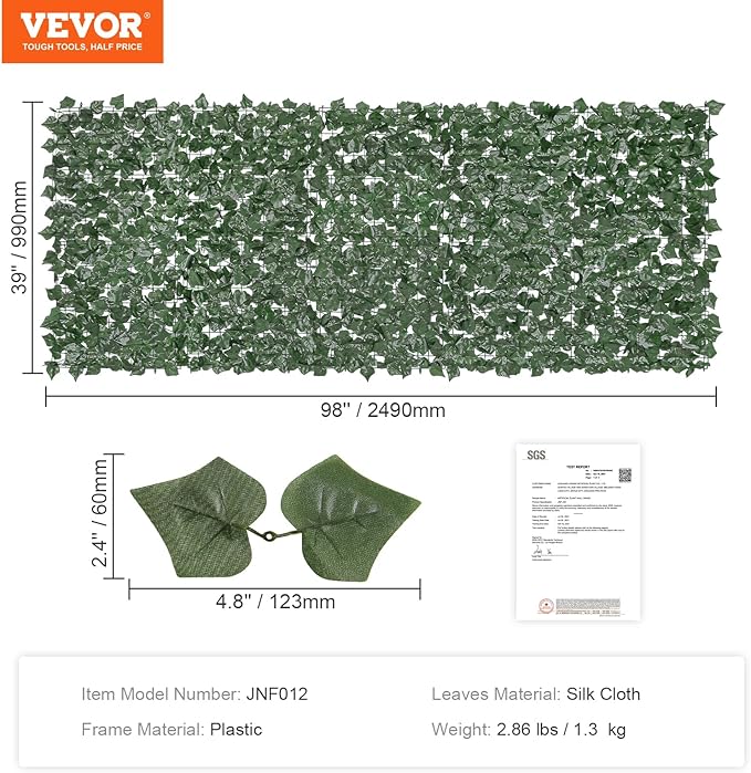 VEVOR Artificial Ivy Privacy Fence Screen, 39 x 98 in Faux Ivy Vine Leaf Hedges Fence, Greenery Privacy Fence with Strengthened Joint, Green Wall Decoration for Outdoor Garden, Yard, Balcony