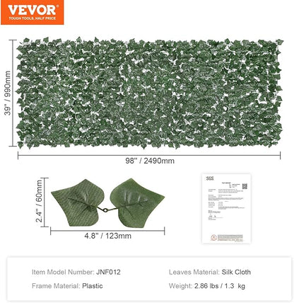 VEVOR Artificial Ivy Privacy Fence Screen, 39 x 98 in Faux Ivy Vine Leaf Hedges Fence, Greenery Privacy Fence with Strengthened Joint, Green Wall Decoration for Outdoor Garden, Yard, Balcony