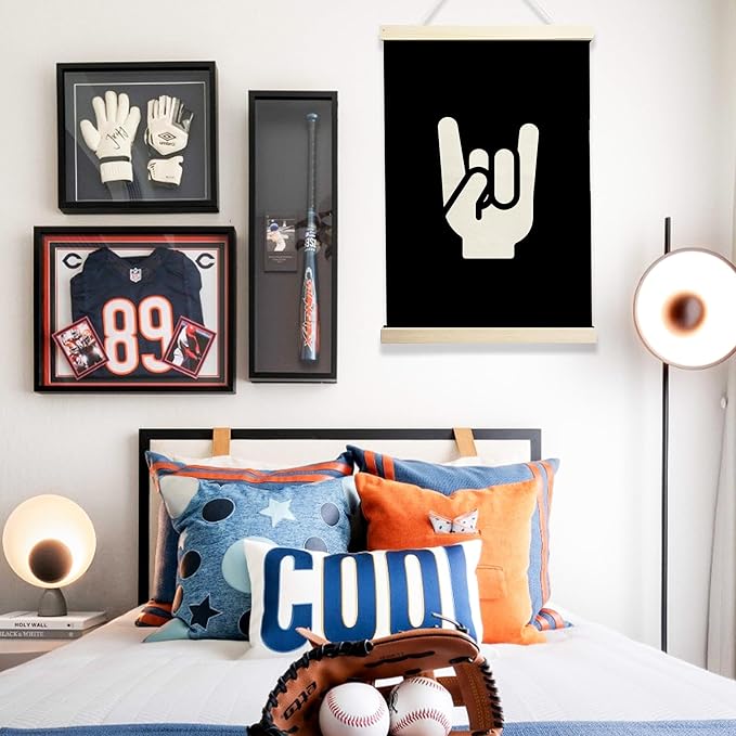 NQDWX Rock On Hand Sign Wood Poster Hanger - Vintage Music Band Wall Decor for Boys Room, 12x17 Inch Rustic Wood Frame Rock & Roll Art, Cool Retro Bedroom Poster, Guitarist Gift for Teens. (132)
