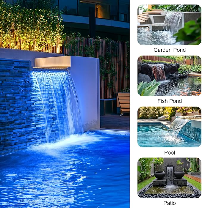 POPOSOAP Pond Waterfall Spillway with LED Lights, 304 Stainless Steel Waterfall Kit with Filtration & 9.8FT Tubing, 660GPH Pond Pump Fountain Kit for Outdoor Garden, Patio, 13.4" H x 8"W-P432D