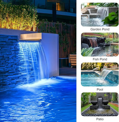 POPOSOAP Pond Waterfall Spillway with LED Lights, 304 Stainless Steel Waterfall Kit with Filtration & 9.8FT Tubing, 660GPH Pond Pump Fountain Kit for Outdoor Garden, Patio, 13.4" H x 8"W-P432D