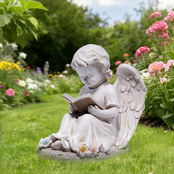 basen Solar Angel Garden Statue with LED Lighted Book, Resin Outdoor Guardian Angel Figurine, Waterproof Lawn Yard Patio Decor, Memorial Sympathy Sculpture for Porch Backyard Gift