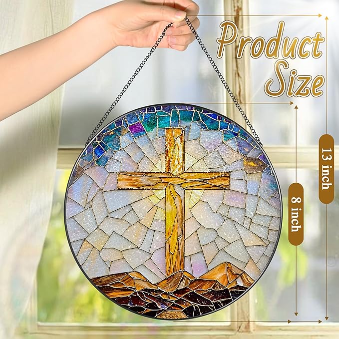 8-Inch Catholic Cross Stained Glass Suncatcher, Stained Glass Window Hanging, Religious Ornament, Christian Home Decor, Sun Catcher Window Decor — Gift for Christmas, Christian Gifts, Religious Gifts