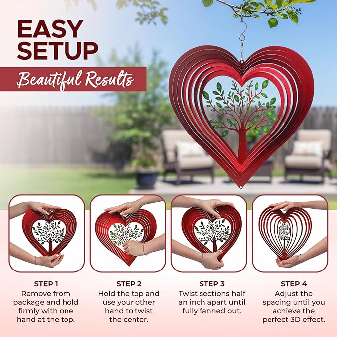ISEO® Heart Wind Spinner for Yard and Garden, Hanging Outdoor Decor, Yard Art, Porch and Patio Decorations, Metal Wind Spinners Outdoor, Weather Resistant, 12”