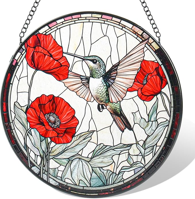 Stained Glass Window Hanging, Hummingbird and Red Flowers Sun Catcher for Door Garden Kitchen Home Decor, Suncatchers for Christmas Mother's Day Birthday Gifts for Bird Lovers Women Men Mom 6.3 in