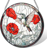 Stained Glass Window Hanging, Hummingbird and Red Flowers Sun Catcher for Door Garden Kitchen Home Decor, Suncatchers for Christmas Mother's Day Birthday Gifts for Bird Lovers Women Men Mom 6.3 in