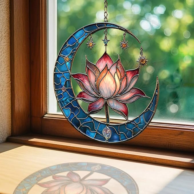 Vivid Lotus Moon with Tiffany Stars Acrylic Suncatcher Stained Glass Effect Window Car Hanging Christmas Ornament Indoor Outdoor Decor Garden Sun Catcher Panel for Lotus Lover for Women Mom Grandma