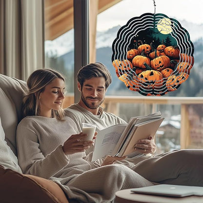 Halloween Pumpkin Moon Wind Spinners Outdoor, Hanging Wind Spinner for Garden Decoration, 8 inch 3D Stainless Steel Metal Wind Sculpture for Indoor/Outdoor Decor