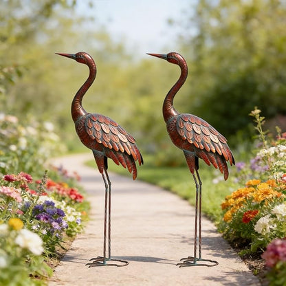 chisheen 2PCS Garden Crane Statues Outdoor Sculptures Metal Yard Art Statue for Garden Decoration Large Size Set of 2