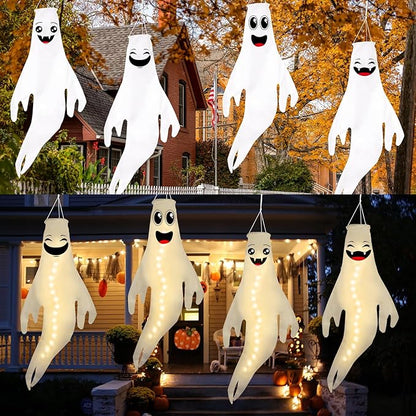 Geefuun 4PCS Warm Light Halloween Cute Ghost Windsocks Hanging Decorations - 43 Inch Flag Wind Socks for Home Yard Outdoor Decor Party Supplies (Batteries Not Included,No Timer)