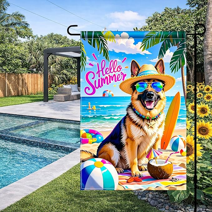 HOMETITUTE Hello Summer Beach Garden Flag German Shepherd Dog Tropical Beach Flag 12x18 Inch Double Sided Yard Small Summer Flag For Outside Holiday Seasonal Outdoor