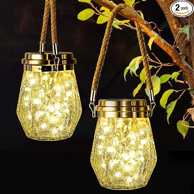 Solar Lantern Outdoor, 2 Pack Hanging Solar Lights Outdoor Waterproof, Upgraded 60 LED Lanterns Decorative Outdoor Garden Decor for Yard Pathway Patio Christmas Halloween, Warm White, ‎LD01