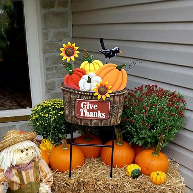TERESA'S COLLECTIONS Fall Decorations for Outdoor Home, Pumpkin Fall Garden Decor, Autumn Metal Yard Signs Stake Lawn Sunflower for Thanksgiving Decorations, Harvest Outside Patio Party Gifts, 28 in