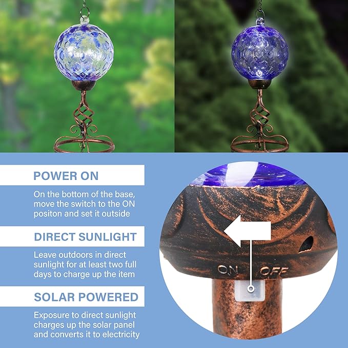 Exhart Wind Chimes, Solar LED Outdoor Garden Lighting, Blue Glass and Metal Wind Chime Lawn and Yard Decoration with Bronze Metal Finial, 5 x 46.5 Inch