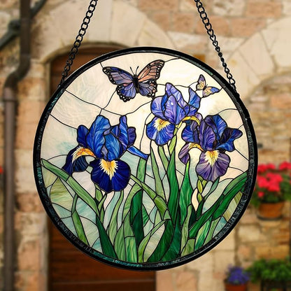 DASTOLL Stained Glass Window Hanging, Blue Purple Butterfly Flower Suncatcher Diamond Colorful Glass Panel Sun Catchers Decor for Birthday for Women, Men, Wife, Aunt, and Mom 15x15 in