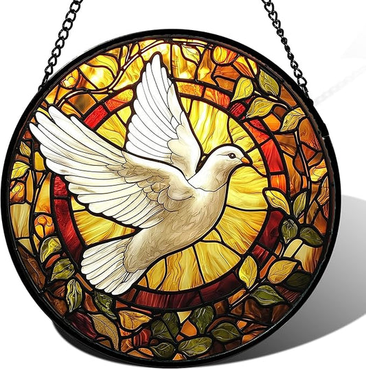 DASTOLL Stained Glass Window Hanging, Flying White Dove Sun Catchers Diamond Glass Panel Hangings Cute Birds Suncatcher Decor for Birthday for Women, Men, Wife, Aunt, and Mom 14.9 in
