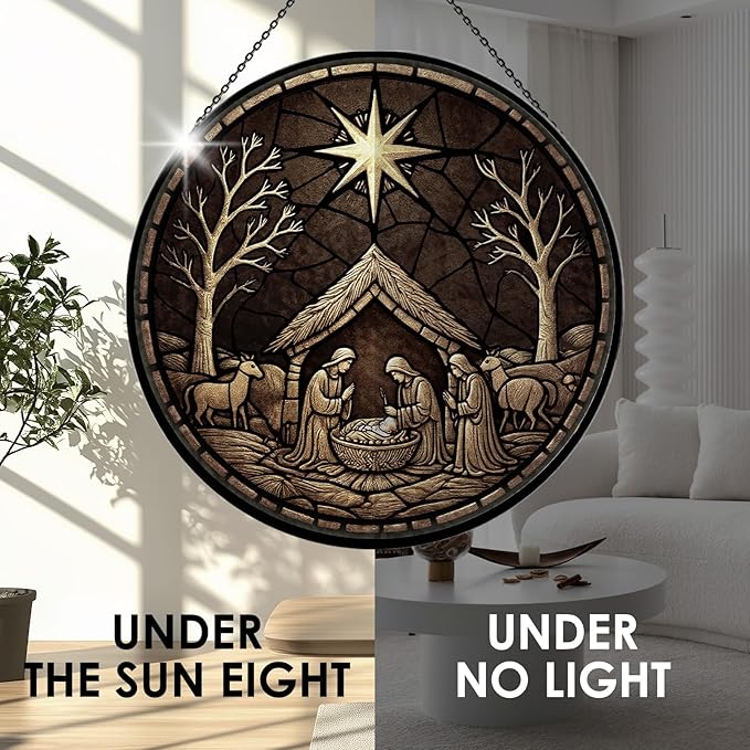 Nativity Scene Suncatcher - 7.9" Hand Painted Stained Glass Christmas Ornament & Window Hanging, Outdoor/Indoor Birth of Jesus Decor, Religious Christian Gift for Women, Men