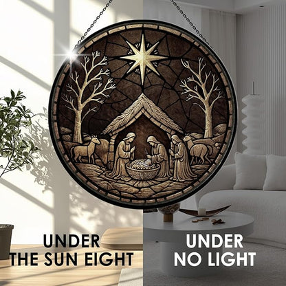 Nativity Scene Suncatcher - 7.9" Hand Painted Stained Glass Christmas Ornament & Window Hanging, Outdoor/Indoor Birth of Jesus Decor, Religious Christian Gift for Women, Men