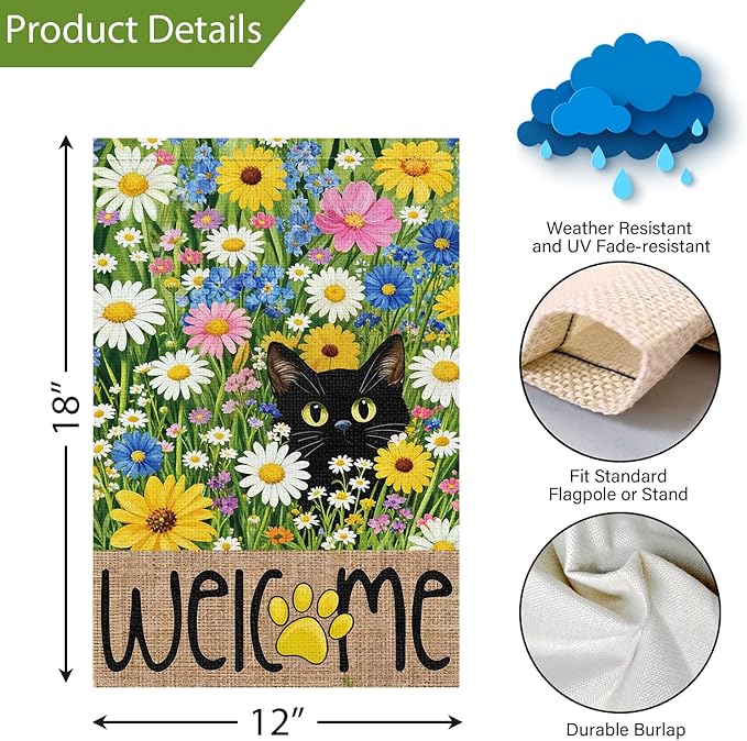 Louise Maelys Spring Summer Garden Flag Floral Daisy Black Cat Double Sided 12x18 Inch Seasonal Welcome Small Burlap Holiday Yard Sign Outdoor Outside Home Decoration