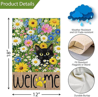 Louise Maelys Spring Summer Garden Flag Floral Daisy Black Cat Double Sided 12x18 Inch Seasonal Welcome Small Burlap Holiday Yard Sign Outdoor Outside Home Decoration