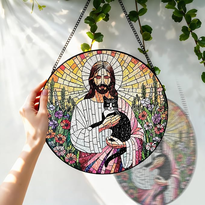 Stained Glass Window Hanging, 8 Inch Jesus Black Cat Suncatcher, Sun Catchers Indoor Window, Flowers Birds Cross Religious Home Garden Decor Glass Panel, Easter Faith Christian Gifts for Women Men