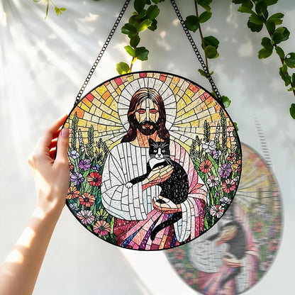 Stained Glass Window Hanging, 8 Inch Jesus Black Cat Suncatcher, Sun Catchers Indoor Window, Flowers Birds Cross Religious Home Garden Decor Glass Panel, Easter Faith Christian Gifts for Women Men