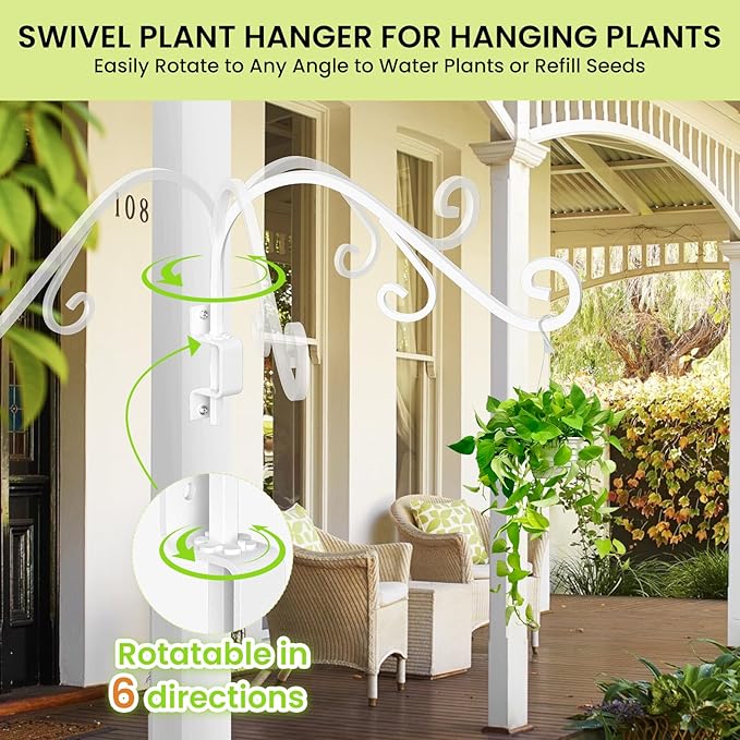 Swivel Plant Hangers Outdoor: 2 Pack 16 Inch Metal Hanging Plant Bracket Sturdy Wrought Iron Plant Hooks Indoor Wall Mount for Hanging Bird Feeders, Lanterns, Flower Baskets, Wind Chimes, White