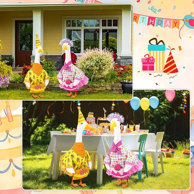 Abbylike 2 Sets Birthday Porch Goose Outfits Birthday Yard Geese Duck Clothes Costume Fits Large 23'' Cement for Outdoor Spring Summer Garden Patio Lawn Statue Pathway Art Decorations