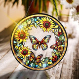 Bimkole Sunflower Stained Glass Suncatcher Window Hanging - Butterfly Design for Indoor Window or Doorway Decoration - 7.87x7.87 inch with Chain and Hook - Unique Home Decor Gift