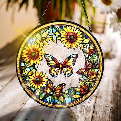 Bimkole Sunflower Stained Glass Suncatcher Window Hanging - Butterfly Design for Indoor Window or Doorway Decoration - 7.87x7.87 inch with Chain and Hook - Unique Home Decor Gift