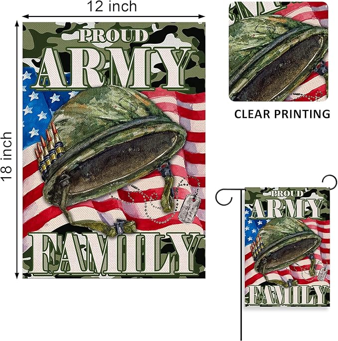 Proud Army Family 4th of July Patriotic Small Garden Flag, American Memorial Day Military Veterans Day Yard USA Armed Forces Rangers Outdoor Home Decoration America Outside Decor 12x18
